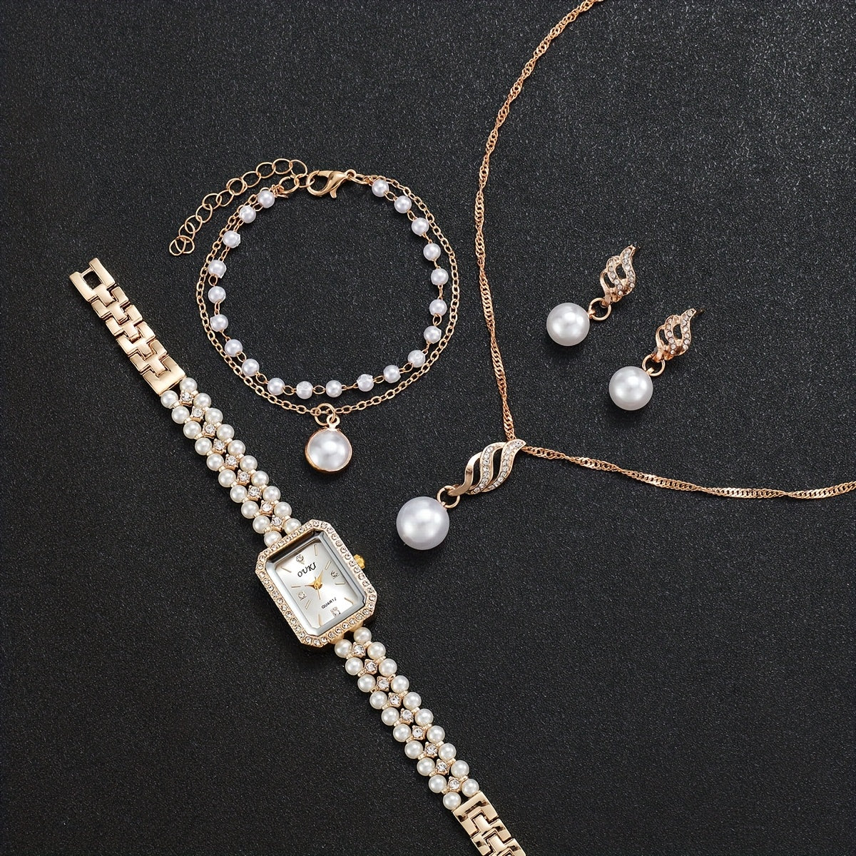 Conjunto de Relógio de Quartzo Feminino Minimalista e Elegante com Mostrador Quadrado, Incluindo Pulseira, Colar e Brincos (5 peças/conjunto). Não Inclui Caixa de Relógio