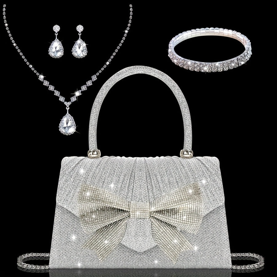 O Salheiro de Noite Brilhante Glitt é um Design de Aba Plissada, Chic e Sofisticado, Adornado com um Laço de Strass Deslumbrante. Inclui um Conjunto de Joias de Strass Luxuoso, Incluindo um Colar, Brincos e um Pulseira.