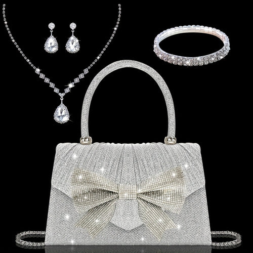 O Salheiro de Noite Brilhante Glitt é um Design de Aba Plissada, Chic e Sofisticado, Adornado com um Laço de Strass Deslumbrante. Inclui um Conjunto de Joias de Strass Luxuoso, Incluindo um Colar, Brincos e um Pulseira.