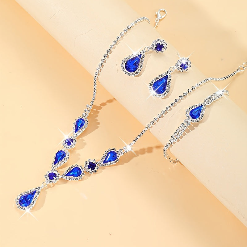 Elegante e Versátil Clutch de Noite com Decorações Brilhantes, Mala de Ombro com Corrente, Bolsa de Festa, Conjunto Luxuoso de Colar, Brincos e Pulseira com Strass, um Conjunto Completo de Quatro Peças para Banquetes