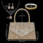 Elegante Carteira de Lantejoulas Champagne com Laço de Strass - Conjunto de Brincos, Colar e Pulseira de Strass Combinados - Presente Ideal de Dia dos Namorados para Mulheres, Acessório de Festa|Carteira de Lantejoulas Champagne|Fechamento Detalhado
