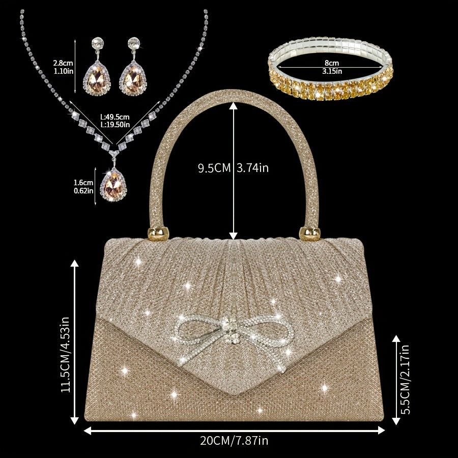 Elegante Carteira de Lantejoulas Champagne com Laço de Strass - Conjunto de Brincos, Colar e Pulseira de Strass Combinados - Presente Ideal de Dia dos Namorados para Mulheres, Acessório de Festa|Carteira de Lantejoulas Champagne|Fechamento Detalhado