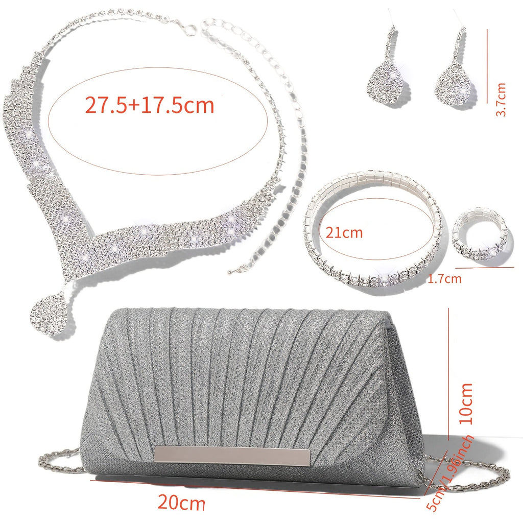 Conjunto de 5 Peças de Bolsa de Mão Prateada com Acessórios de Strass para Mulheres, Ideal para Festas Noturnas e Casamentos