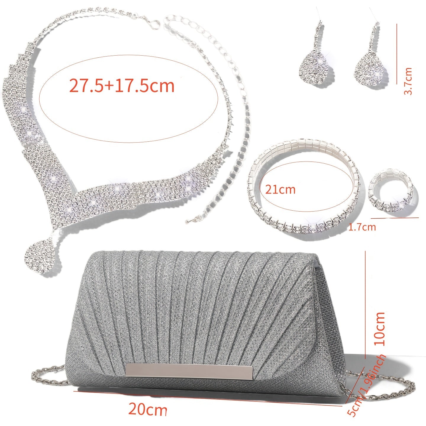 Conjunto de 5 Peças de Bolsa de Mão Prateada com Acessórios de Strass para Mulheres, Ideal para Festas Noturnas e Casamentos