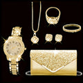 Um conjunto de relógio de luxo para mulher, composto por 7 peças, com uma bracelete de aço, juntamente com um colar, pulseira, anel e brincos versáteis e requintados, que é o presente perfeito para ela no Natal, Halloween ou no seu aniversário.