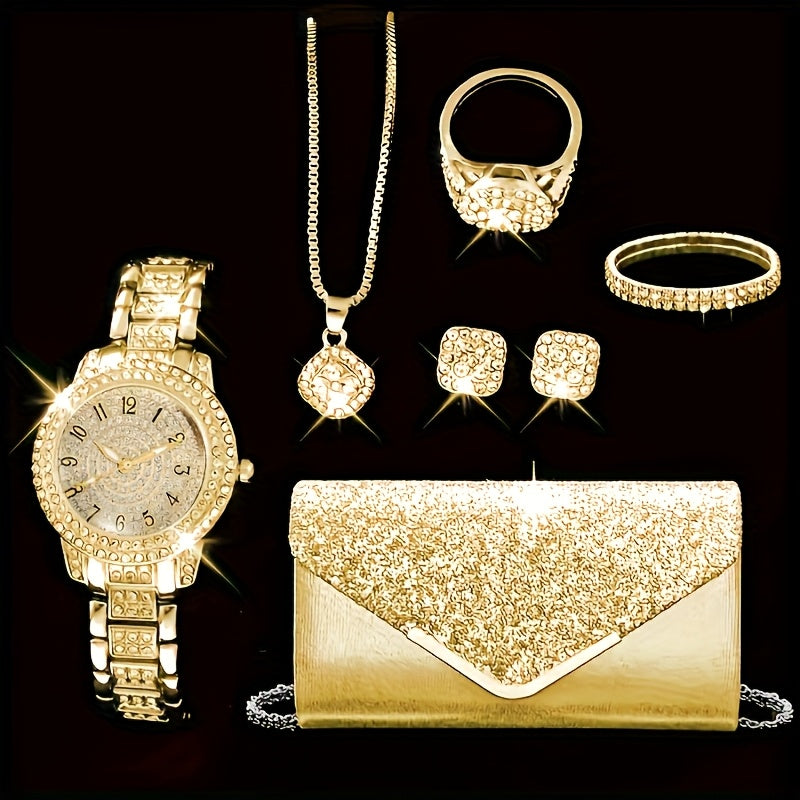 Um conjunto de relógio de luxo para mulher, composto por 7 peças, com uma bracelete de aço, juntamente com um colar, pulseira, anel e brincos versáteis e requintados, que é o presente perfeito para ela no Natal, Halloween ou no seu aniversário.