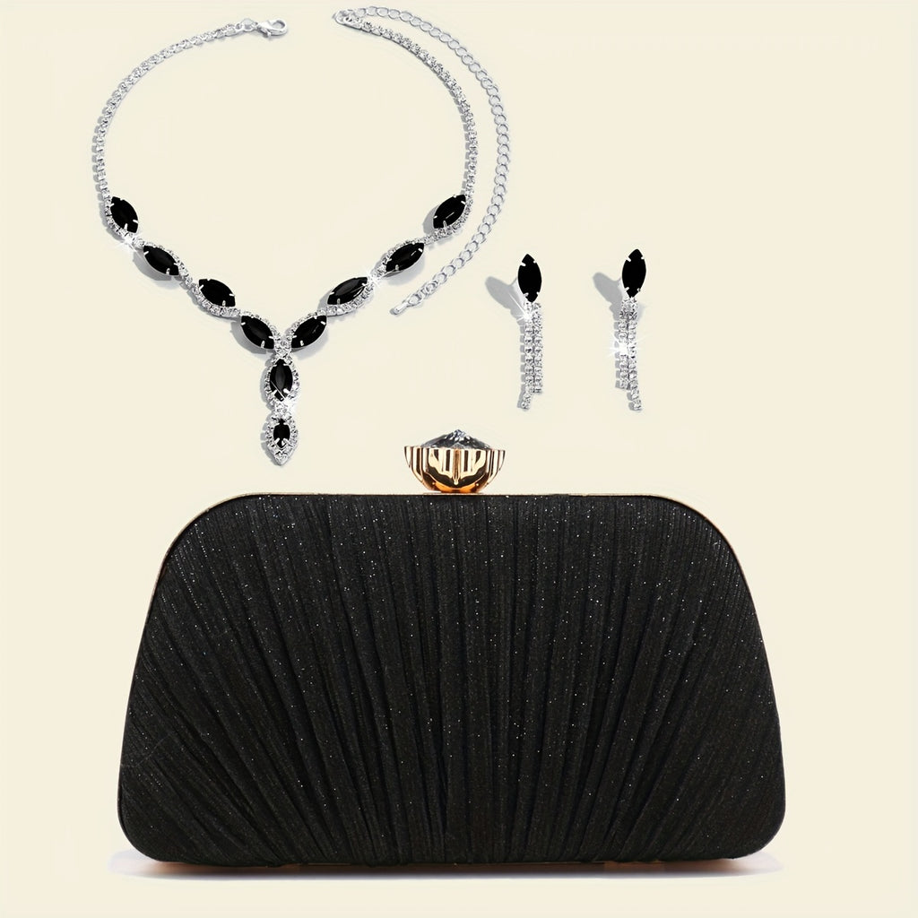 Bolsas de Noite de Natal para Mulher com Franjas, Lantejoulas, Strass, Corrente de Metal, Bolsas de Ombro, Cor Verde, Bolsa de Banquete com Glitter, Conjunto de Joias Elegante com Colar, Brincos e Pulseira de Strass para Casamento e Despedida de Solteira