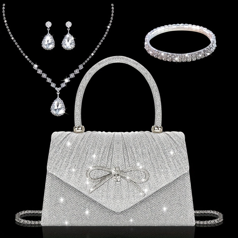 Elegante Carteira de Lantejoulas Champagne com Laço de Strass - Conjunto de Brincos, Colar e Pulseira de Strass Combinados - Presente Ideal de Dia dos Namorados para Mulheres, Acessório de Festa|Carteira de Lantejoulas Champagne|Fechamento Detalhado