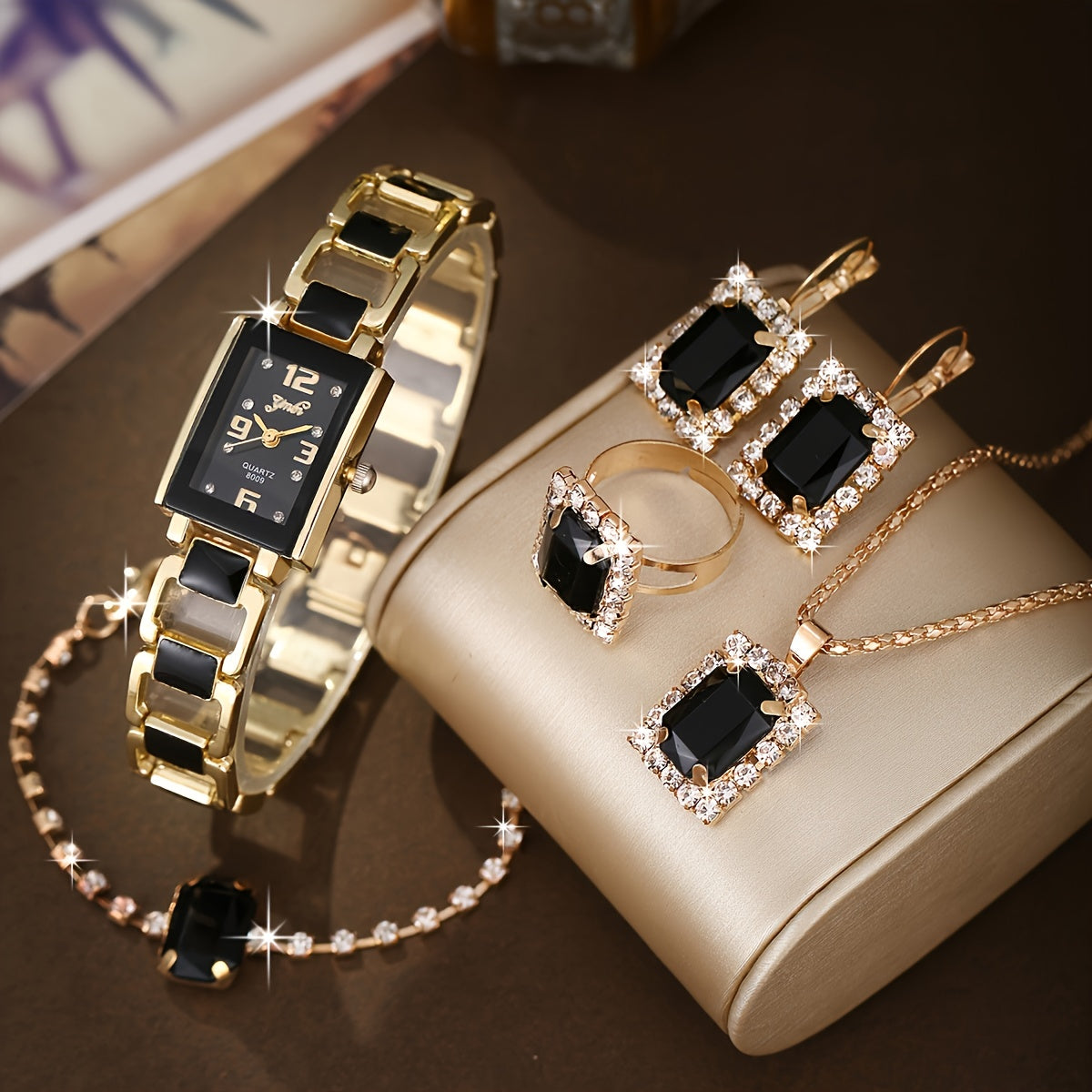 Conjunto de 5 Relógios de Quartzo Retro Minimalistas e Multifuncionais, Conjunto de Joias Elegantes com Strass Quadrados Pretos, Conjunto Elegante | Relógio Retro Minimalista